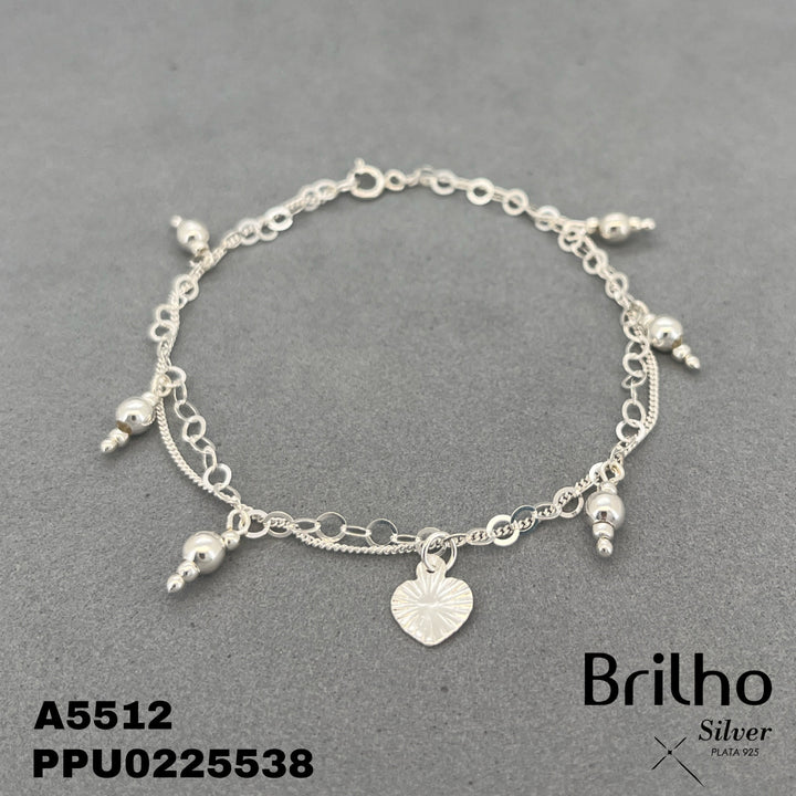 T8N401 PULSERA TEJIDO DOBLE DIJE CORAZÓN Y BALINES